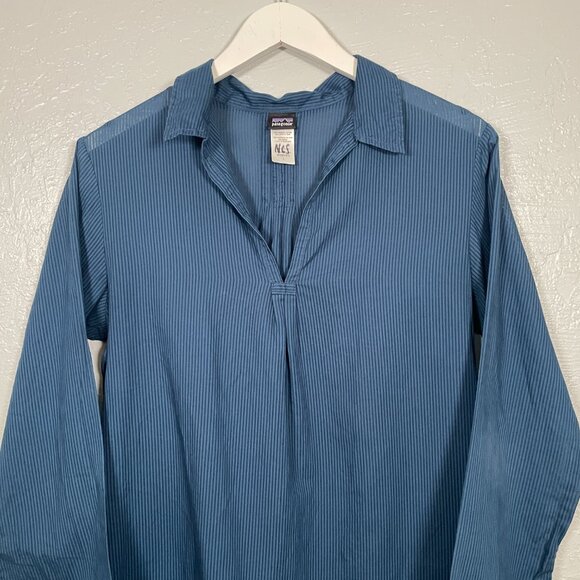 Patagonia Women L Blue Stripe Amaia Tunic Blouse Long Sleeve Lightweight V Neck - Picture 3 of 8